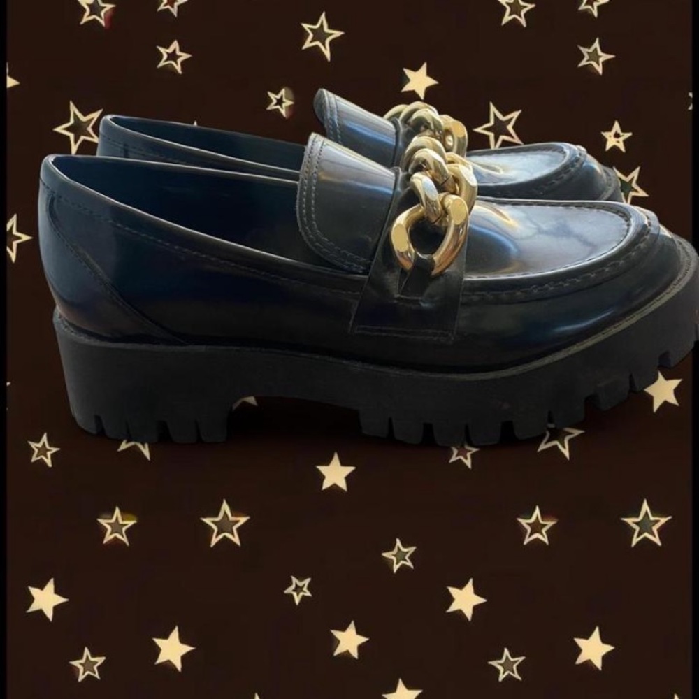 Black Loafers with Gold Chain Detail